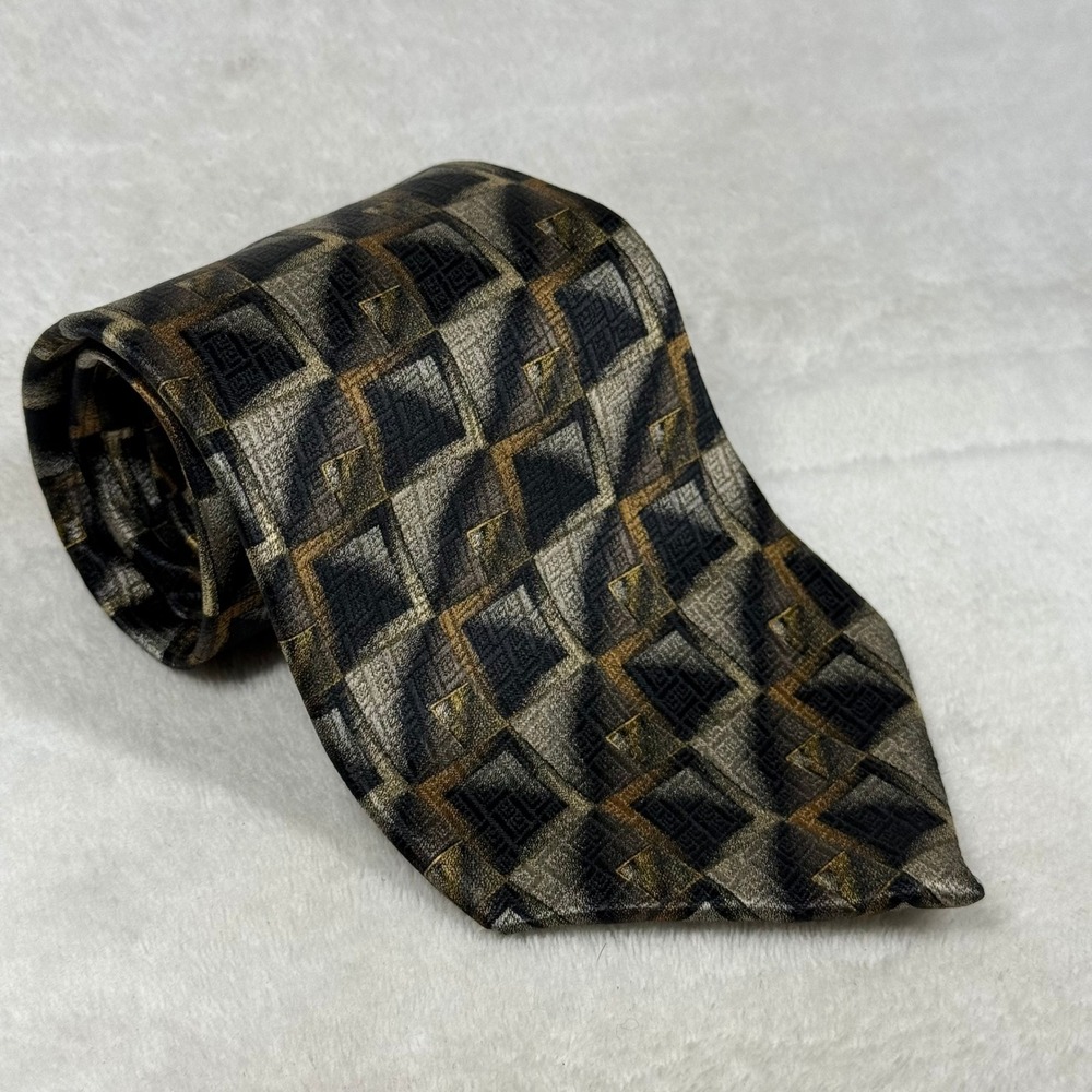Pierre Cardin Mens Silk Tie Black Gold Silver Geometric Square Pattern Necktie
